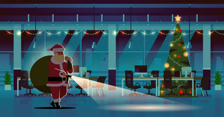santa claus with gifts sack using flashlight christmas new year holidays celebration concept modern night decorated office interior full length horizontal flat vector illustrationのイラスト素材