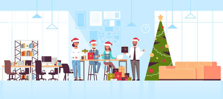 business people celebrating corporate party coworkers holding gift present boxes merry christmas happy new year winter holidays concept modern office interior flat full length horizontal vector illustrationのイラスト素材