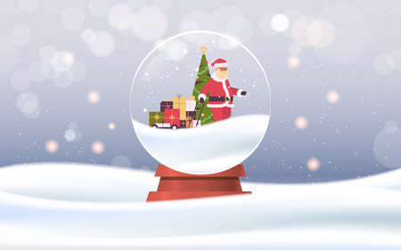 santa claus pulling trolley cart with gift boxes in magic glass ball merry christmas happy new year winter holidays celebration concept snowfall background greeting card horizontal vector illustrationのイラスト素材