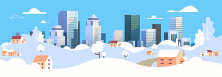 urban winter landscape snowy street christmas poster new year holidays concept modern cityscape background horizontal flat vector illustrationのイラスト素材