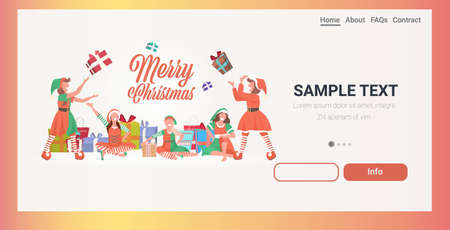 female elves team throwing gift present boxes merry christmas happy new year winter holidays celebration concept greeting card horizontal full length copy space vector illustrationのイラスト素材