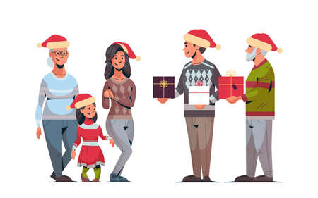 men giving present gift boxes to women multi generation family in santa hats celebrating merry christmas happy new year winter holidays concept horizontal full length vector illustrationのイラスト素材