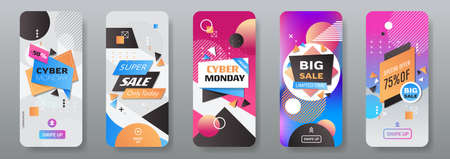 cyber monday big sale stickers set advertisement special offer concept holiday shopping discount smartphone screens collection online mobile app horizontal vector illustrationのイラスト素材