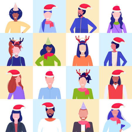set mix race people wearing santa hats and horns profile icon new year christmas holiday set men women avatar portrait male female faces collection vector illustrationのイラスト素材