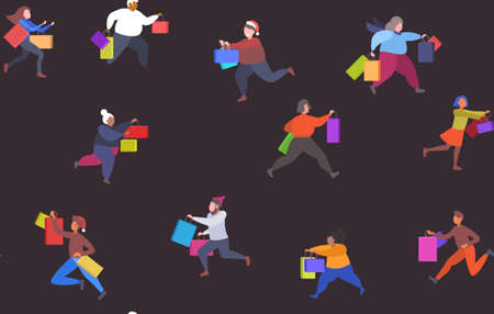 people running with shopping bags black friday big sale concept christmas new year holidays discount seamless pattern full length horizontal vector illustrationのイラスト素材
