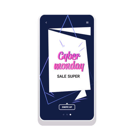 big sale cyber monday sticker special offer promo marketing holiday shopping concept smartphone screen online mobile app advertising campaign banner vector illustrationのイラスト素材