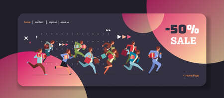 people running with gift boxes and shopping bags black friday big sale concept christmas new year holidays celebration full length horizontal vector illustrationのイラスト素材