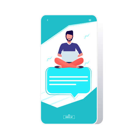 man using laptop computer chatting app social network communication concept guy sitting on chat bubble speech online messaging application full length vector illustrationのイラスト素材