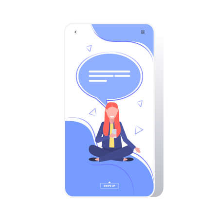 woman using smartphone mobile chatting app social network communication concept girl sitting with chat bubble speech online messaging application full length vector illustrationのイラスト素材