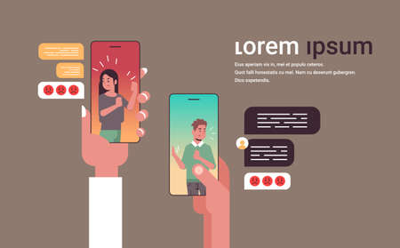 human hands using chatting app people arguing by phone social network chat bubble communication concept angry man woman in smartphone screens online mobile application portrait vector illustrationのイラスト素材