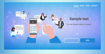 human hand using chatting app social network chat bubble communication concept mix race people messaging on cellphones online mobile application horizontal copy space vector illustrationのイラスト素材
