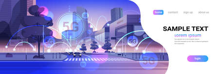 smart city 5G online communication network wireless systems connection concept fifth innovative generation of global high speed internet modern cityscape background flat horizontal copy space vector illustrationのイラスト素材