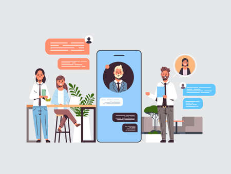 businesspeople using chatting app on digital devices social network chat bubble communication...