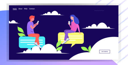 people using smartphones chatting app social network communication concept man woman sitting on chat bubble speech online mobile messaging application full length horizontal vector illustrationのイラスト素材