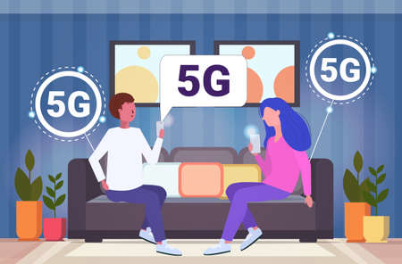 couple using smartphones 5G online communication wireless systems connection fifth innovative...