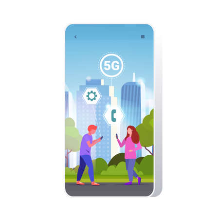 man woman using smartphones 5G online wireless system connection fifth innovative generation of...