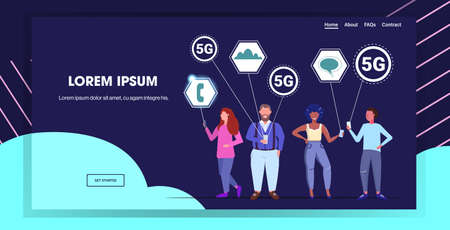 people using smartphones 5G online communication wireless system connection fifth innovative generation of high speed internet men women holding cellphones full length horizontal copy space vector illustrationのイラスト素材
