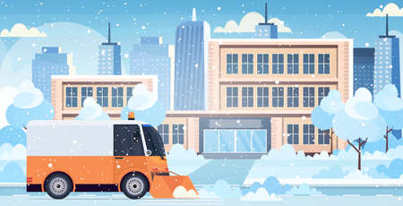 snow plow truck cleaning city road afrer snowfall winter snow removal concept modern cityscape background horizontal vector illustrationのイラスト素材