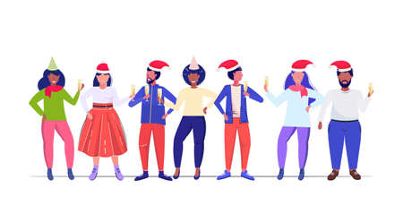 mix race people in santa claus hats holding champagne glasses merry christmas happy new year winter holidays corporate party celebration concept full length horizontal vector illustrationのイラスト素材