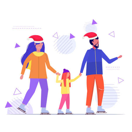 family at ice-skating rink winter sport activity merry christmas new year holidays concept parents with child in santa hats spending time together full length sketch vector illustrationのイラスト素材