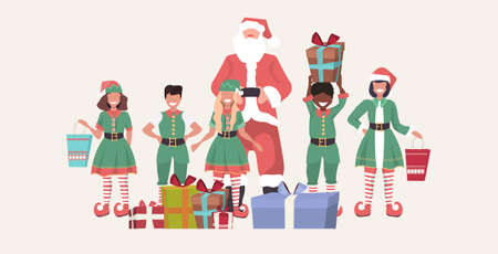 santa claus with mix race elves standing together near gift boxes merry christmas happy new year holiday presents concept horizontal full length sketch vector illustrationのイラスト素材