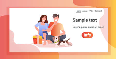 happy couple with gift boxes man woman sitting lotus pose merry christmas new year holiday celebration concept sketch full length horizontal copy space vector illustrationのイラスト素材