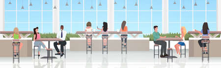 people sitting at cafe tables mix race visitors discussing during meeting modern restaurant interior horizontal full length vector illustrationのイラスト素材