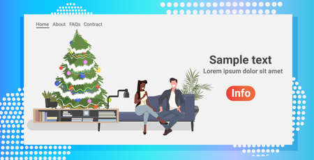 mix race couple sitting on couch near decorated christmas tree man woman discussing during meeting modern living room interior horizontal full length copy space vector illustrationのイラスト素材