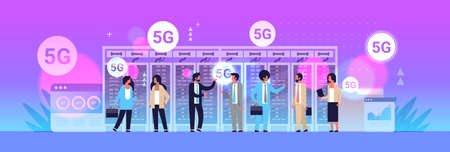 businesspeople discussing during meeting using 5G online wireless system connection fifth innovative...