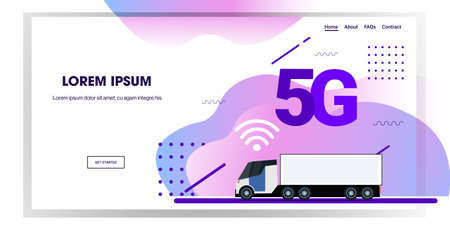 cargo semi truck trailer driving road 5G online wireless system connection concept abstract...