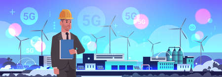 male engineer controlling wind turbine solar panel alternative energy source 5G online wireless system connection factory building industrial plant power station concept flat horizontal portrait vector illustrationのイラスト素材