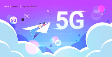 couple flying on paper origami plane 5G online wireless system connection internet surfing concept flat horizontal vector illustrationのイラスト素材