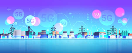 manufacturing factory buildings 5G online wireless system connection industrial zone plant with pipes and chimney power station production technology concept horizontal flat vector illustrationのイラスト素材