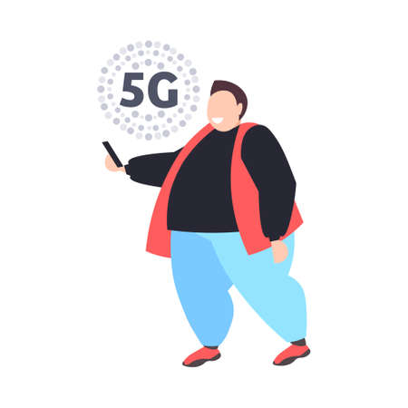 fat man using smartphone 5G online communication fifth innovative generation of internet connection...