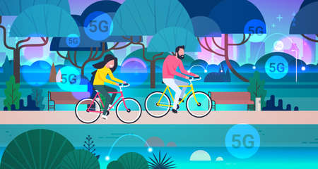 couple riding bicycles in public park 5G online wireless system connection concept man woman cycling outdoors horizontal full length vector illustrationのイラスト素材