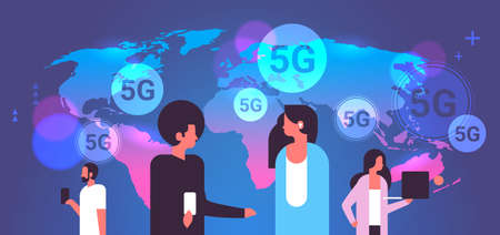 people using digital devices 5G online wireless system connection global communication fifth innovative generation of high speed internet concept portrait horizontal world map background vector illustrationのイラスト素材