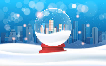 monern city buildings skyscrapers in magic glass ball merry christmas happy new year winter holidays celebration concept snowfall cityscape background greeting card horizontal vector illustrationのイラスト素材