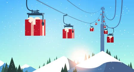 ski resort with gift boxes cableway in mountains christmas new year holidays celebration winter vacation concept horizontal landscape background flat vector illustrationのイラスト素材