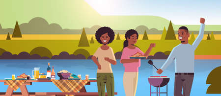 friends preparing hot dogs on grill african american man and women having fun picnic barbecue party concept park or river bank landscape background flat portrait horizontal vector illustrationのイラスト素材