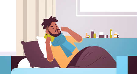 sick man having sneeze unhealthy african american guy in scarf calling phone for medical help suffering from cold flu virus illness concept modern living room interior closeup horizontal vector illustrationのイラスト素材