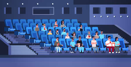 people group wearing 3d glasses watching movie sitting in cinema with popcorn and cola mix race men women having fun laughing at new comedy flat full length horizontal vector illustrationのイラスト素材