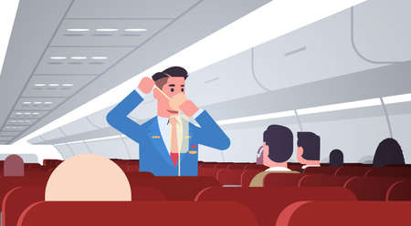 steward explaining for passengers how to use oxygen mask in emergency situation male flight attendant safety demonstration concept modern airplane board interior horizontal vector illustrationのイラスト素材