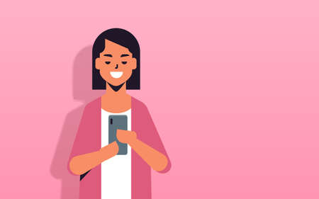woman holding cellphone girl using smartphone mobile app social media communication concept female...