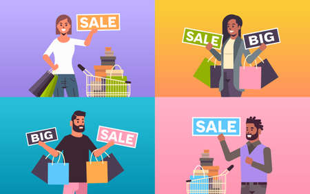 set people holding purchases and big sale banners mix race men women customers with shopping bags special offer holiday discount concept flat portrait horizontal vector illustrationのイラスト素材