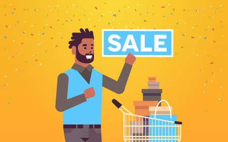 man holding sale banner african american customer with trolley cart full of gift boxes special offer shopping concept flat portrait horizontal vector illustrationのイラスト素材