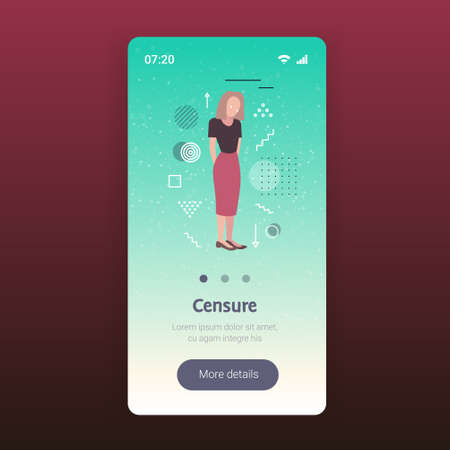 depressed businesswoman being bullied upset girl violence victim of bullying mocking public disapproval scapegoat censure concept smartphone screen online mobile app copy space vector illustrationのイラスト素材