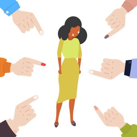 depressed businesswoman being bullied surrounded by fingers pointing on african american girl violence victim of bullying mocking public disapproval scapegoat concept full length vector illustrationのイラスト素材