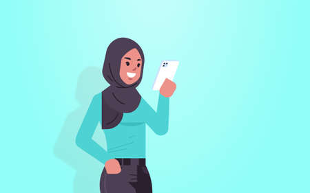arab woman holding cellphone arabic girl using smartphone mobile app social media communication concept female cartoon character portrait horizontal vector illustrationのイラスト素材