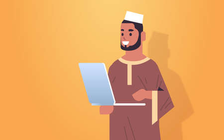 arab businessman working on laptop smiling arabic business man office worker in formal wear using computer application portrait horizontal vector illustrationのイラスト素材