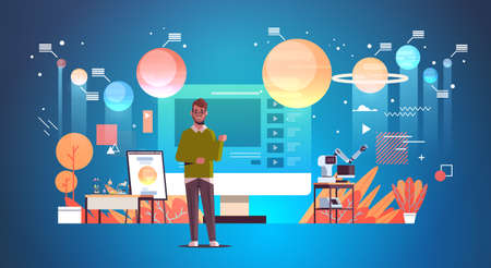 teacher blogger recording online video solar system exploration astronomy lesson blogging concept...